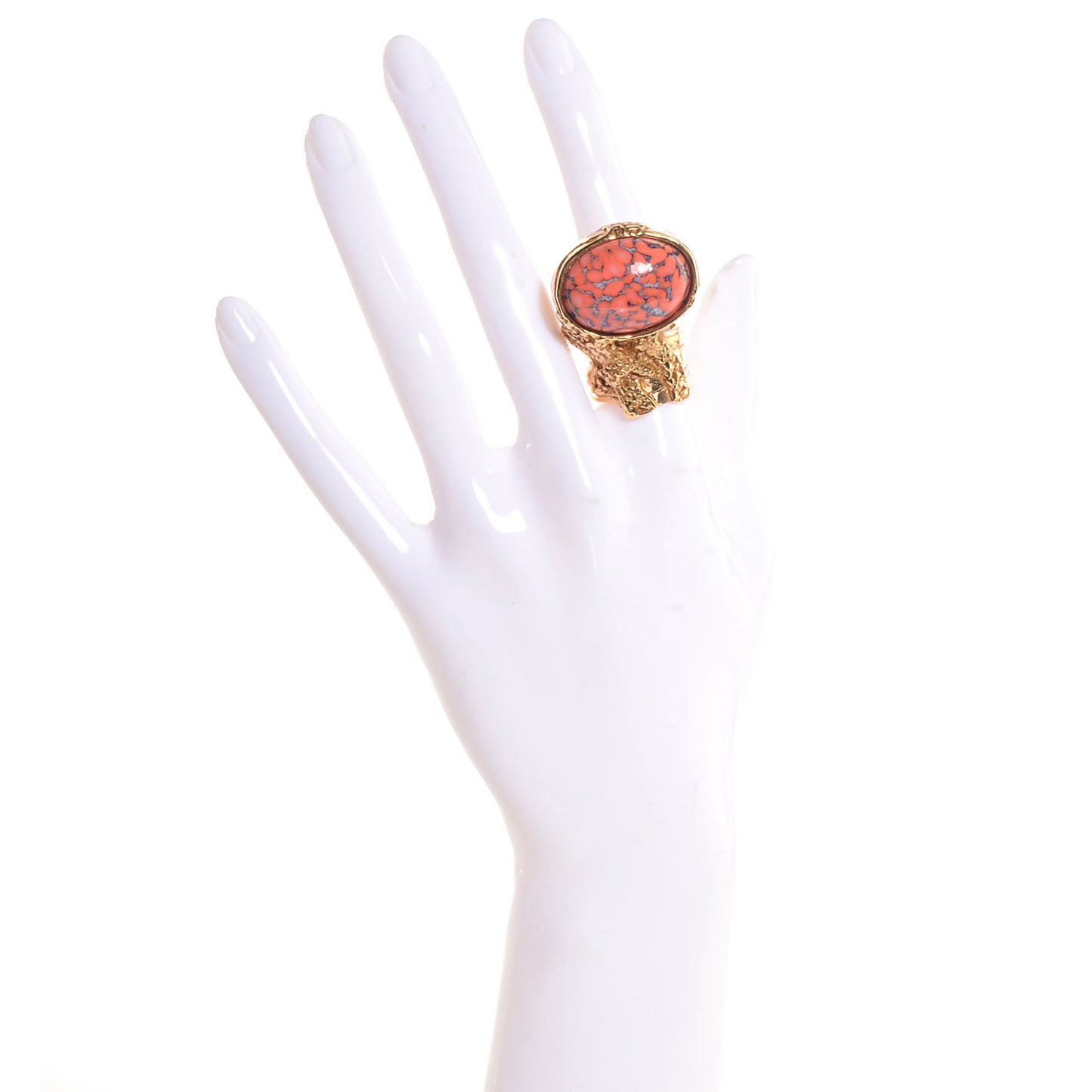 Glass Cabochon Arty Ovale Ring 6 Gold Coral