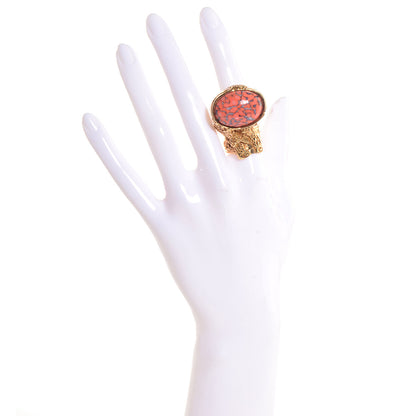 Saint Laurent Glass Cabochon Arty Ovale Ring 6 Gold Coral 2 of 4