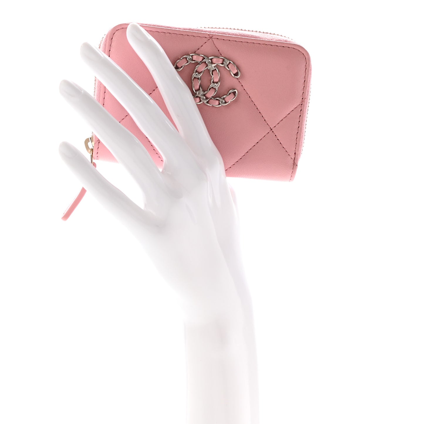 Lambskin Quilted Chanel 19 Zip Around Coin Purse Wallet Light Pink