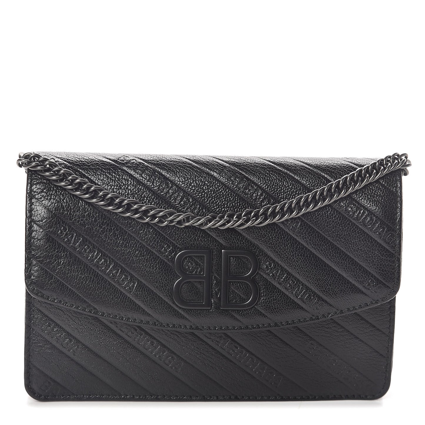 Shiny Goatskin Logo Embossed Monochrome BB Wallet On Chain Black
