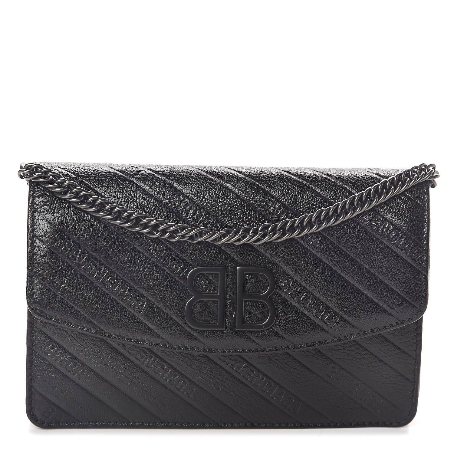 Balenciaga Shiny Goatskin Logo Embossed Monochrome BB Wallet On Chain Black 1 of 9