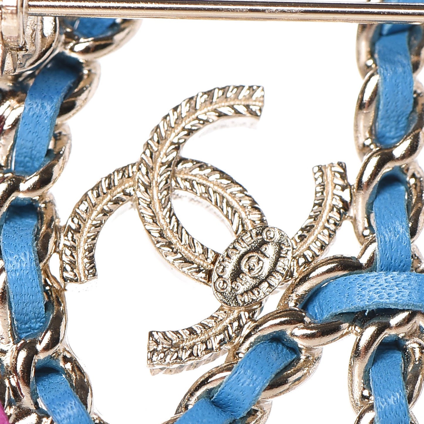 Metal Calfskin Chain Peace Sign CC Brooch Blue Purple Gold