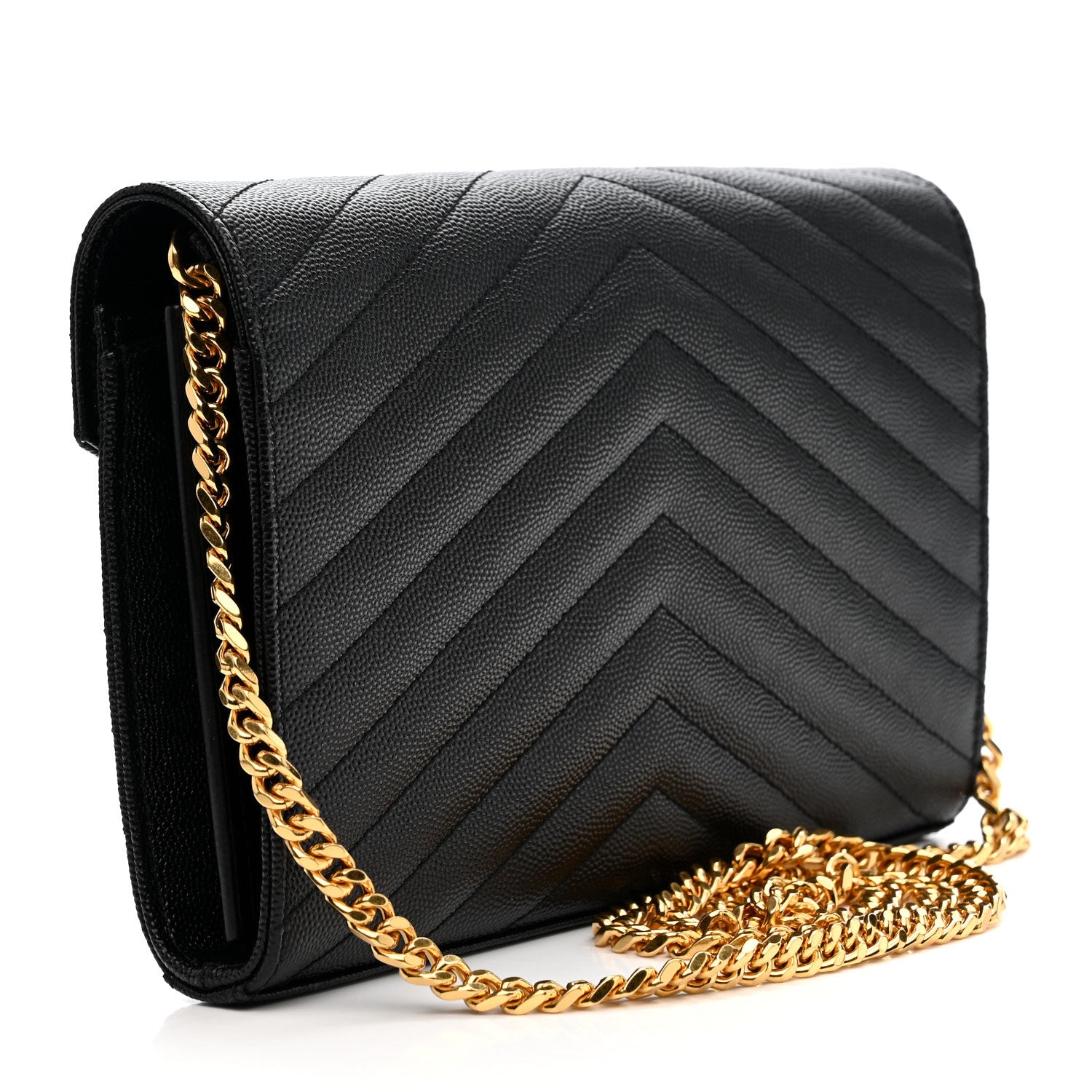 Saint Laurent Grain De Poudre Matelasse Chevron Monogram Chain Wallet Black 2 of 9