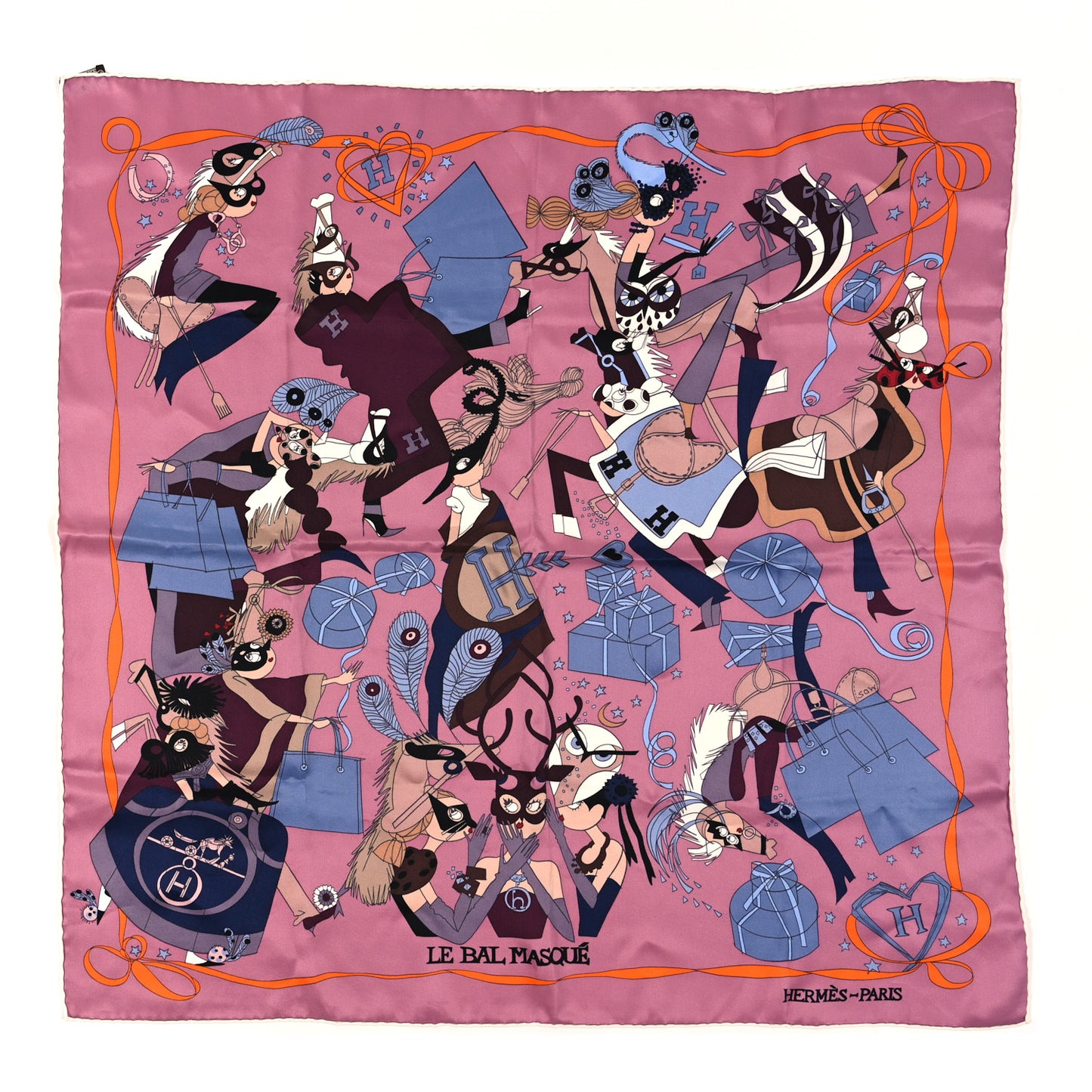Silk Le Bal Masque Scarf 70 Vieux Rose Blue Jean Orange
