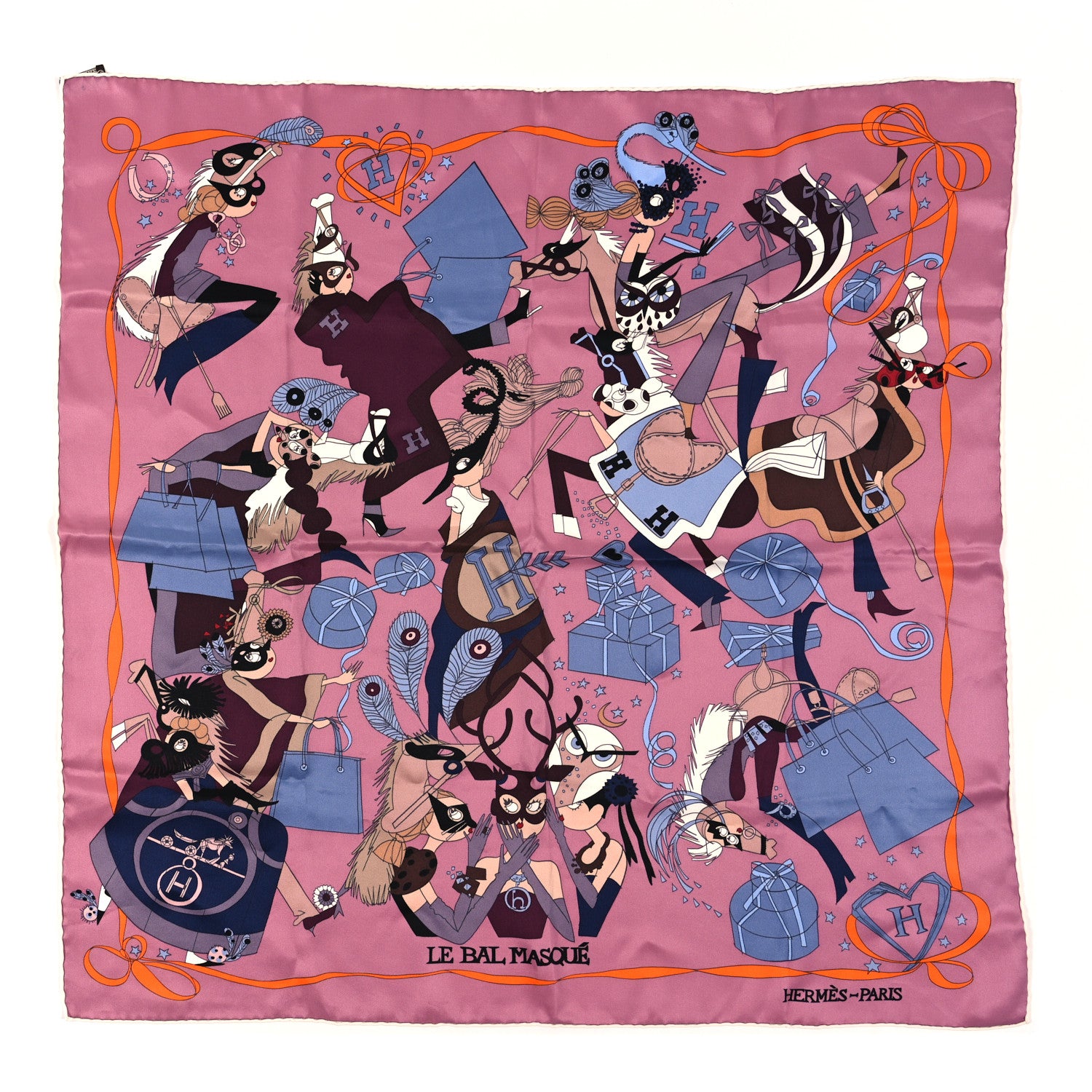 Hermes Silk Le Bal Masque Scarf 70 Vieux Rose Blue Jean Orange 1 of 4