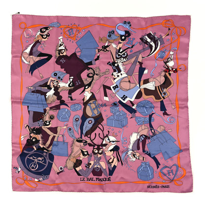 Hermes Silk Le Bal Masque Scarf 70 Vieux Rose Blue Jean Orange 1 of 4