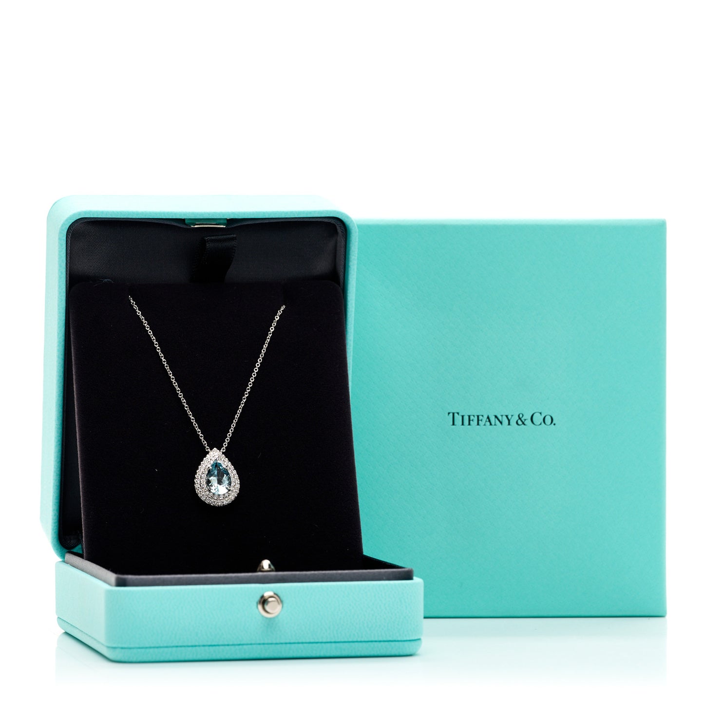 Platinum Diamond Aquamarine Pear Shaped Soleste Pendant Necklace