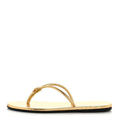 Chanel Crackled Laminated Calfskin Thong Flat Sandals 38.5 Gold 1 of 8