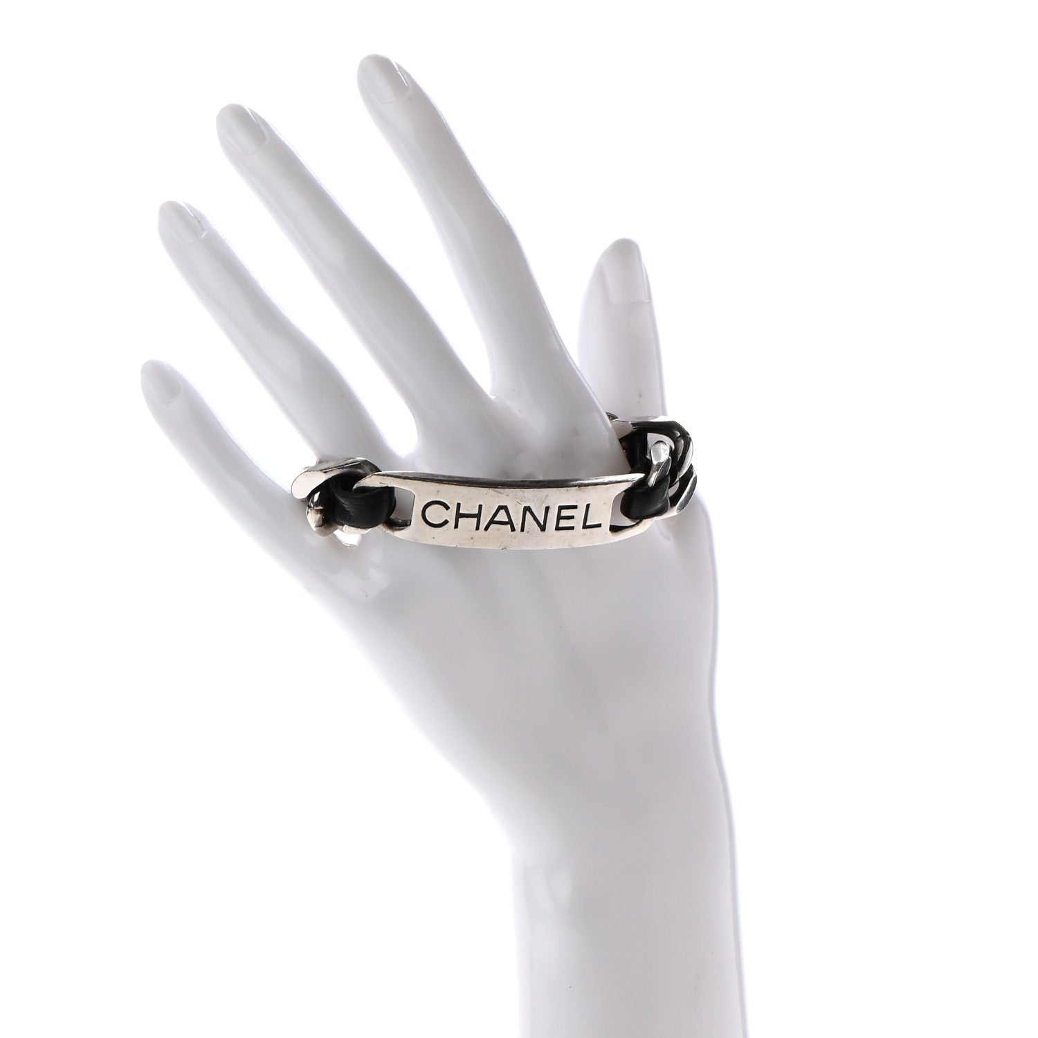 Chanel Metal Lambskin Name Plate Bracelet Black Silver 2 of 5