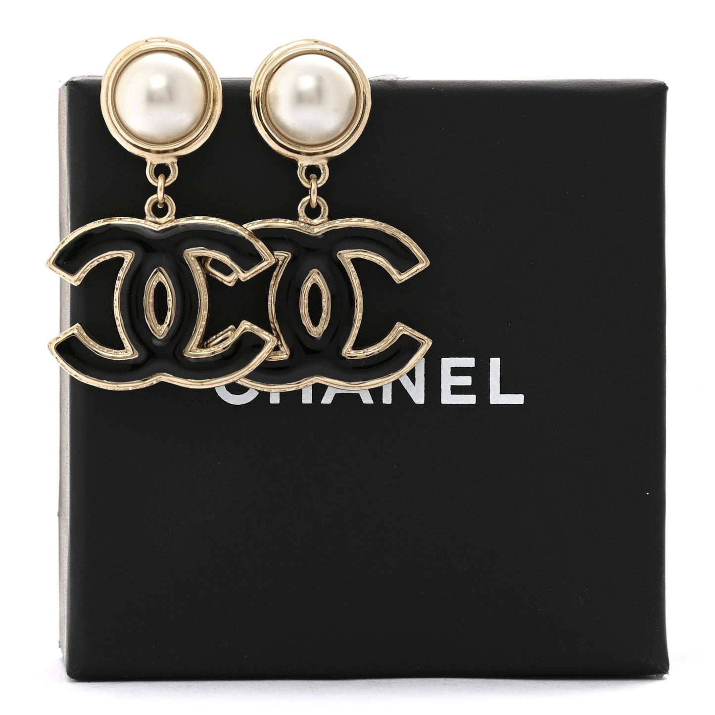 Pearl Enamel CC Drop Earrings Black