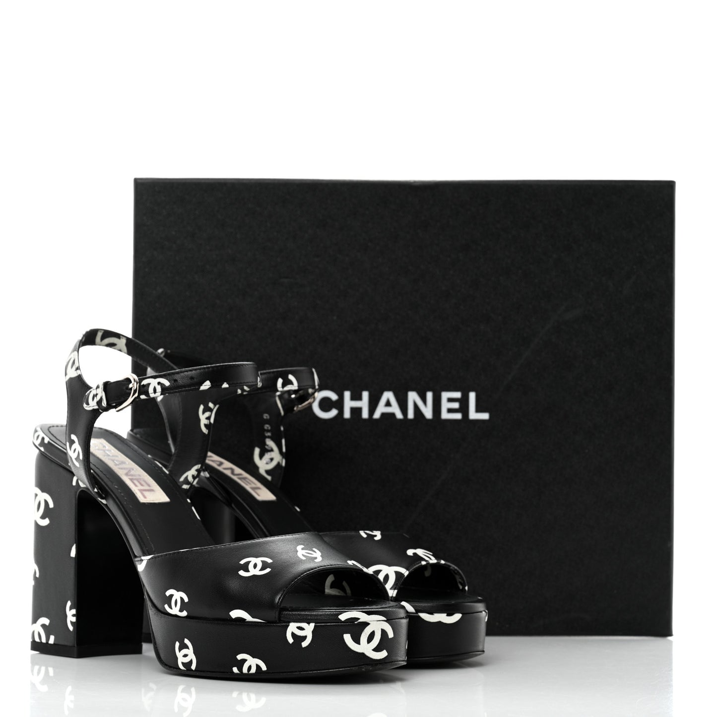 Printed Lambskin CC Platform Sandals 38 Black White
