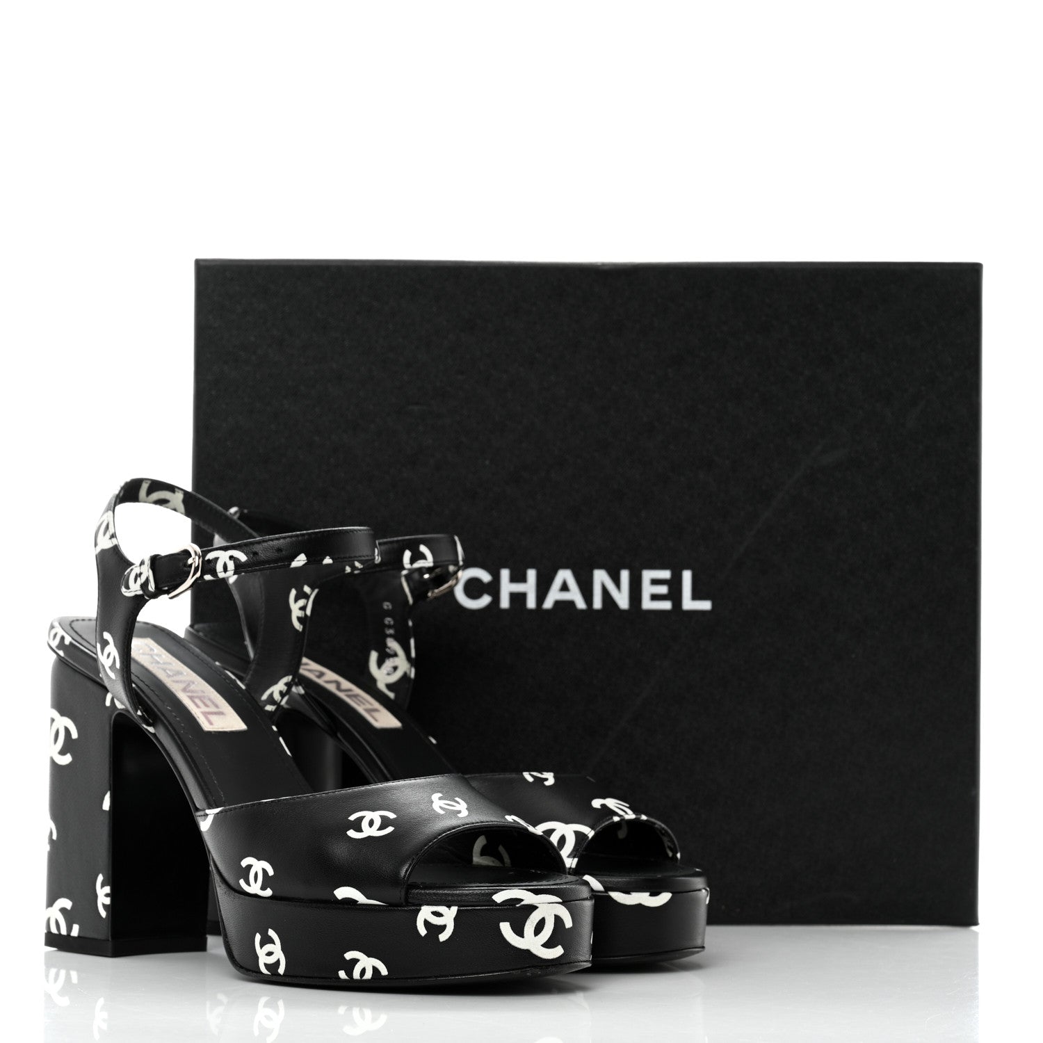 Chanel Printed Lambskin CC Platform Sandals 38 Black White 9 of 9