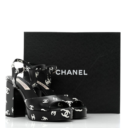 Chanel Printed Lambskin CC Platform Sandals 38 Black White 9 of 9
