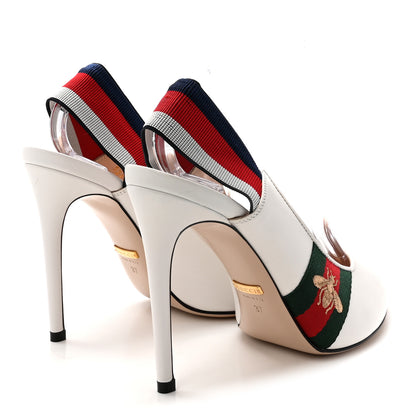 Gucci Malaga Kid Web Sylvie High Heel Slingback Pumps 37 White 5 of 9