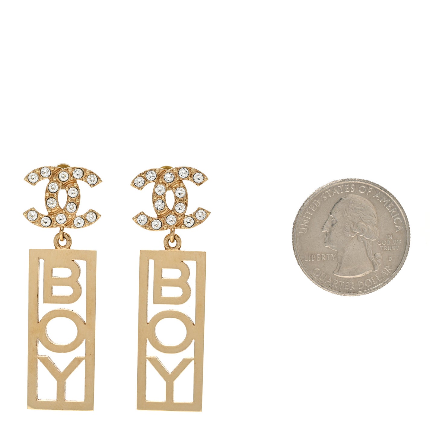 Metal Crystal CC Boy Drop Earrings Gold