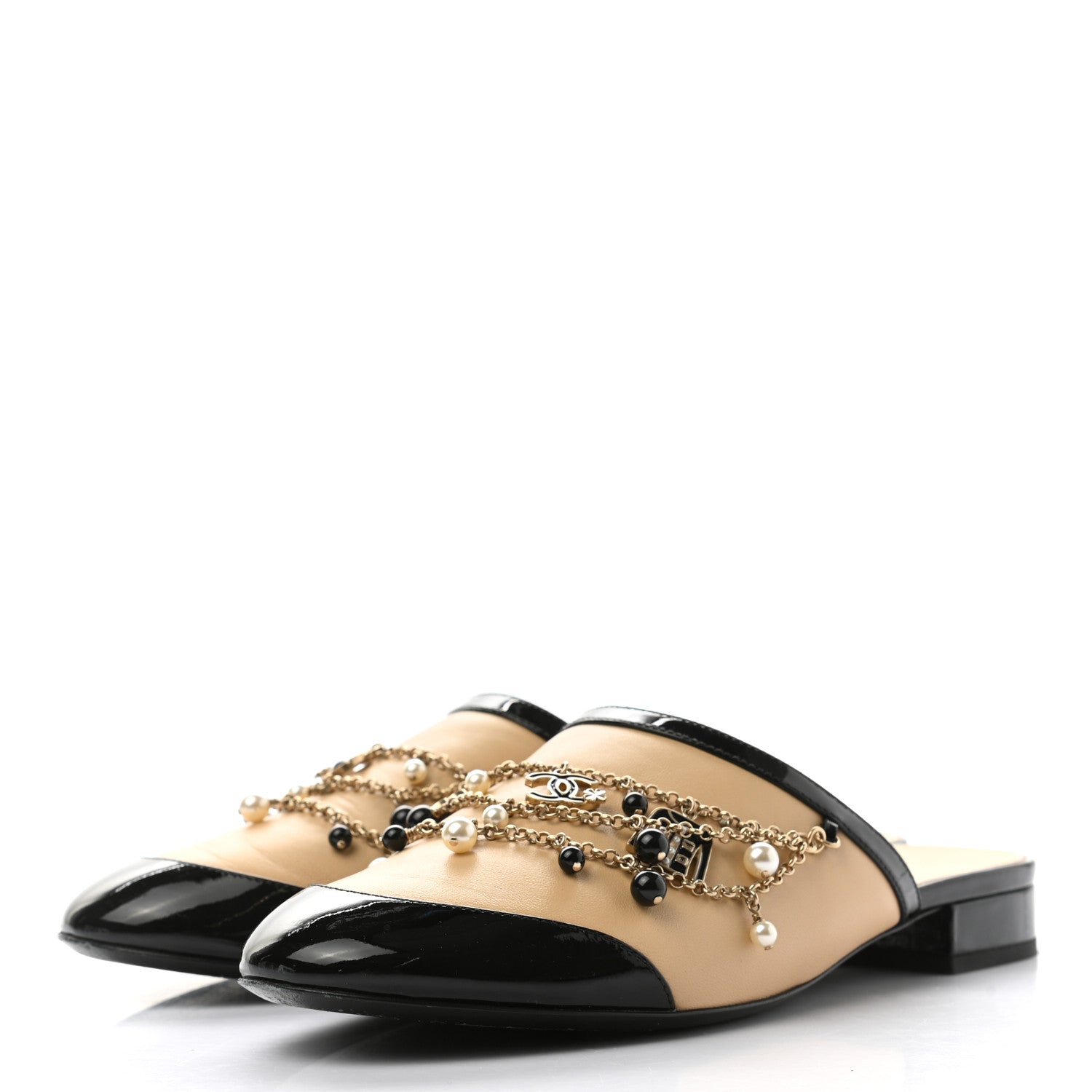 Chanel Lambskin Patent Pearl Chain Charm CC Mules 38 Beige Black 3 of 9