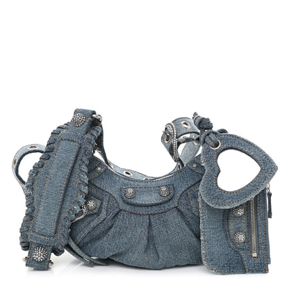 Balenciaga Washed Frayed Denim Crystal Le Cagole Shoulder Bag XS Blue 1 of 10