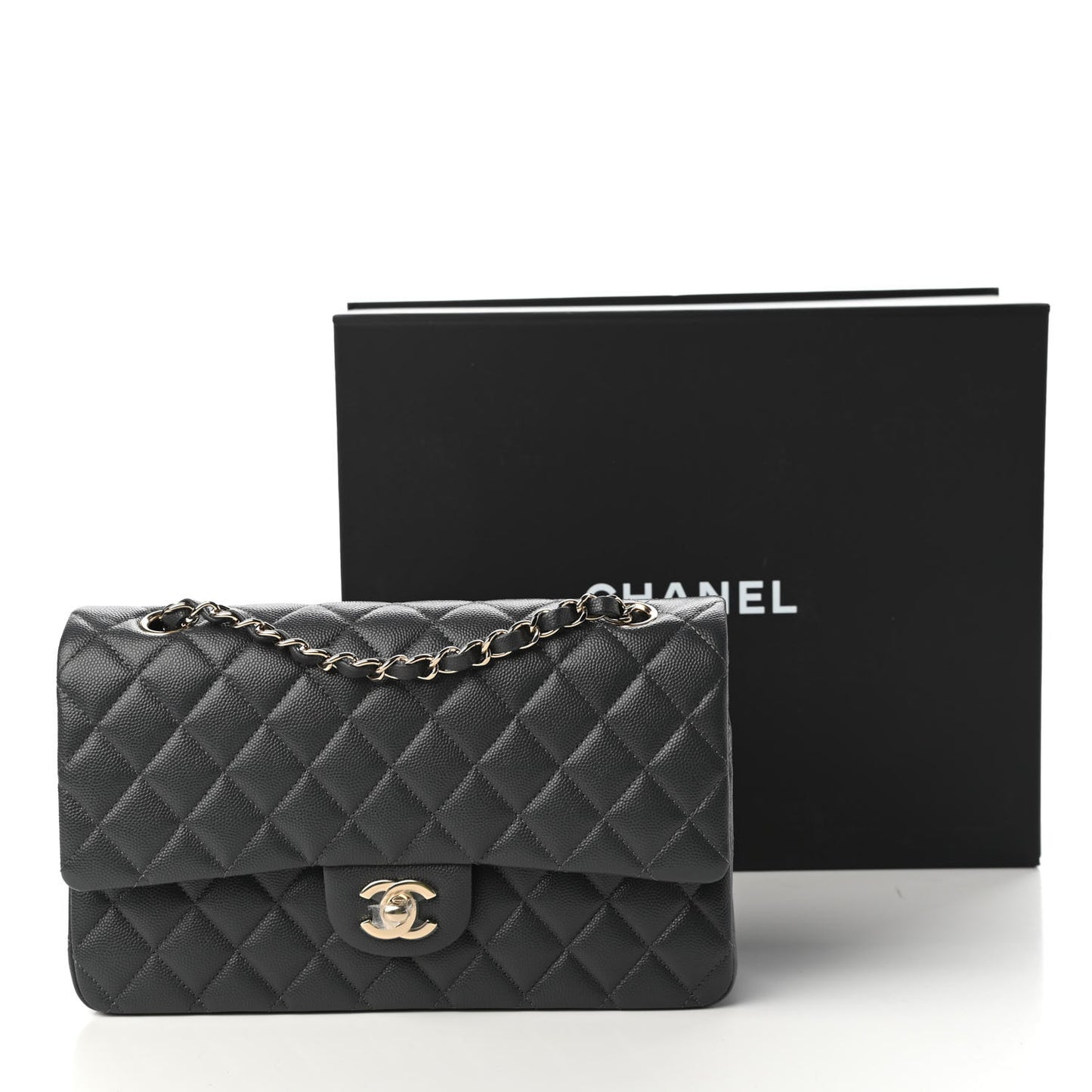 Caviar Quilted Medium Double Flap Dark Grey