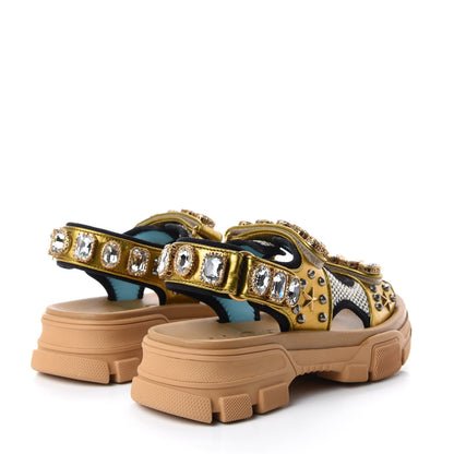 Gucci Silk Calfskin Mesh Crystal Embellished Studded Womens Aguru Sandals 36 Gold 4 of 10