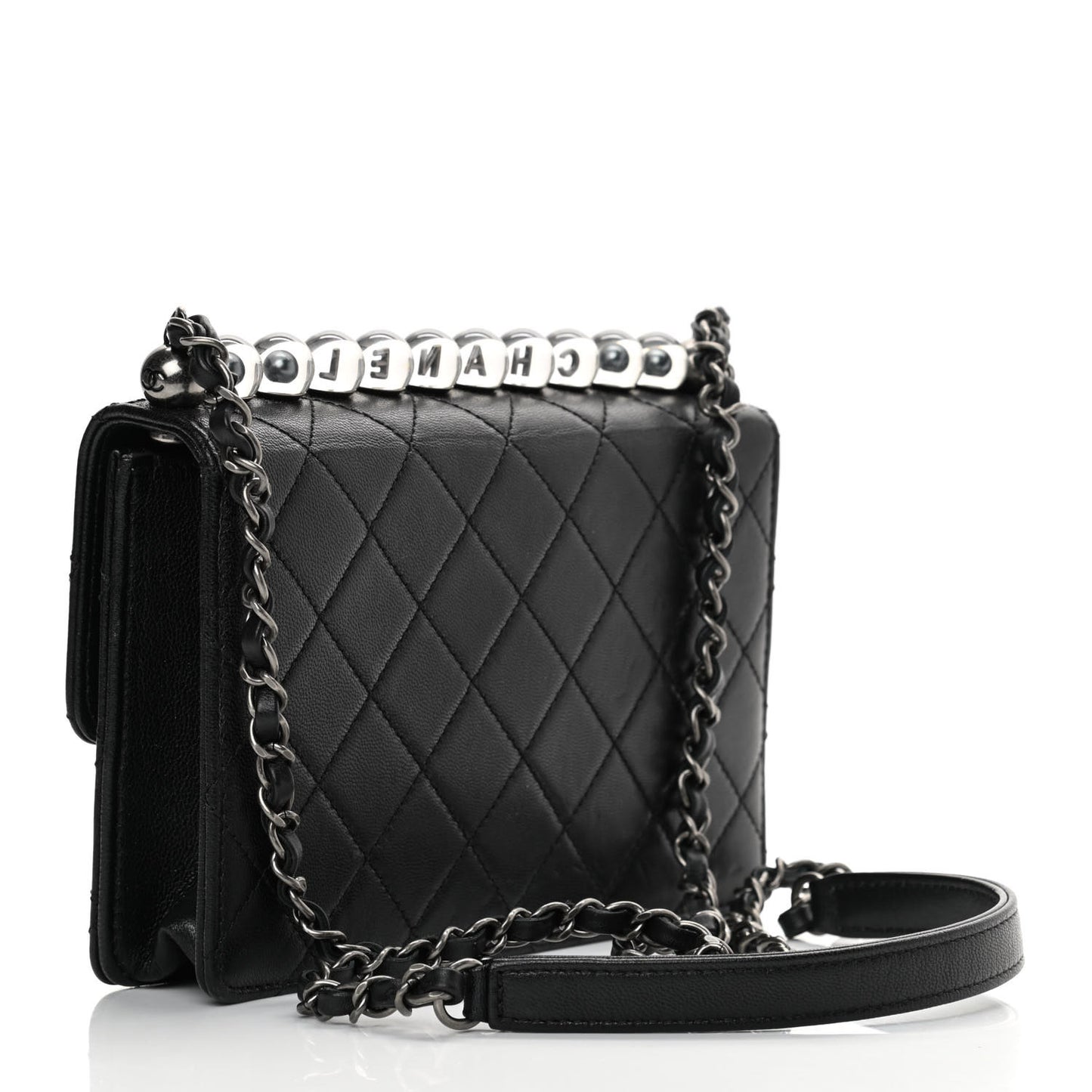 Goatskin Quilted Logo Small Chic Flap Black
