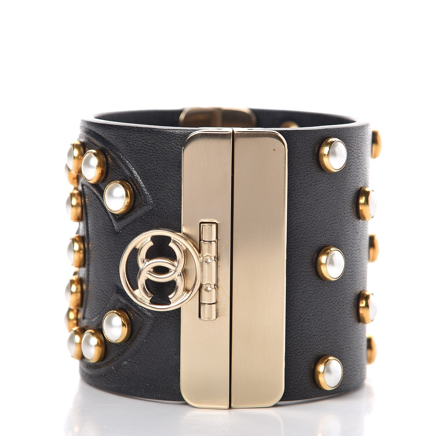 Chanel Lambskin Calfskin Pearl CC Cuff Bracelet Black Gold 4 of 7