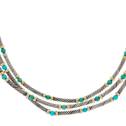 David Yurman Sterling Silver 14K Yellow Gold Turquoise Three Row Cable Choker Necklace 1 of 4
