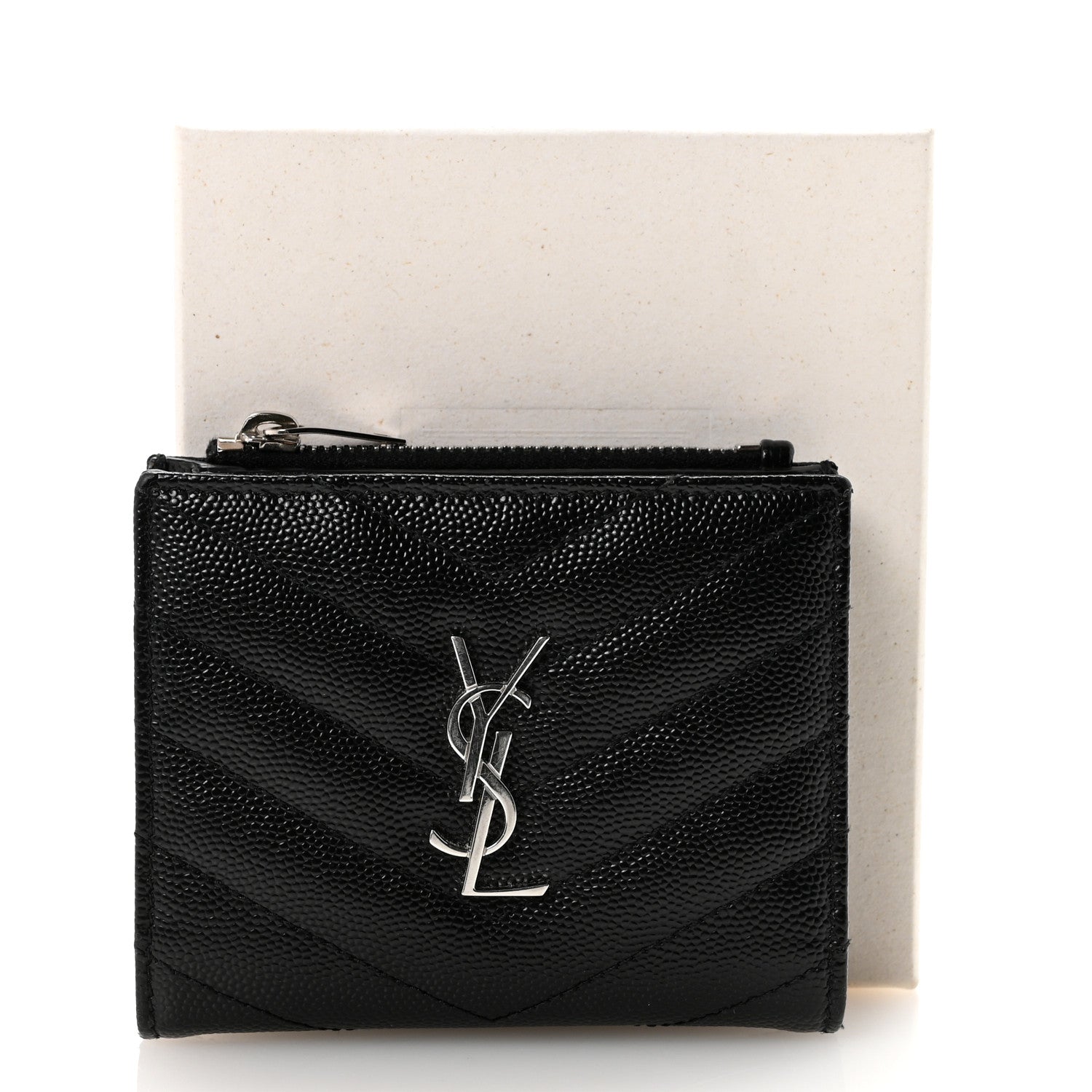 Saint Laurent Grain De Poudre Matelasse Chevron Monogram Zipped Card Case Black 8 of 8