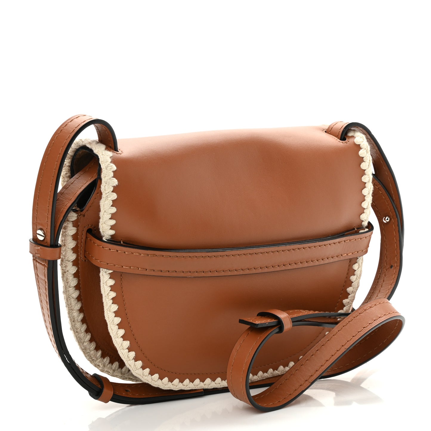 Calfskin Crochet Trim Small Gate Crossbody Bag Tan