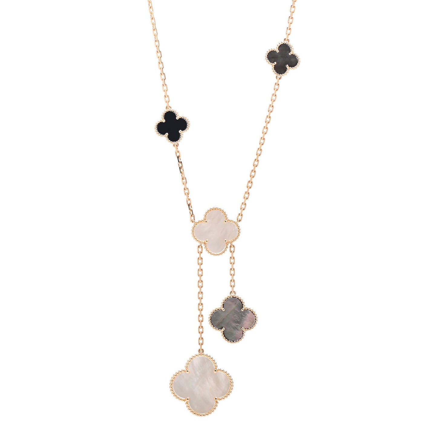 18K Yellow Gold Mother of Pearl Onyx 6 Motifs Magic Alhambra Necklace