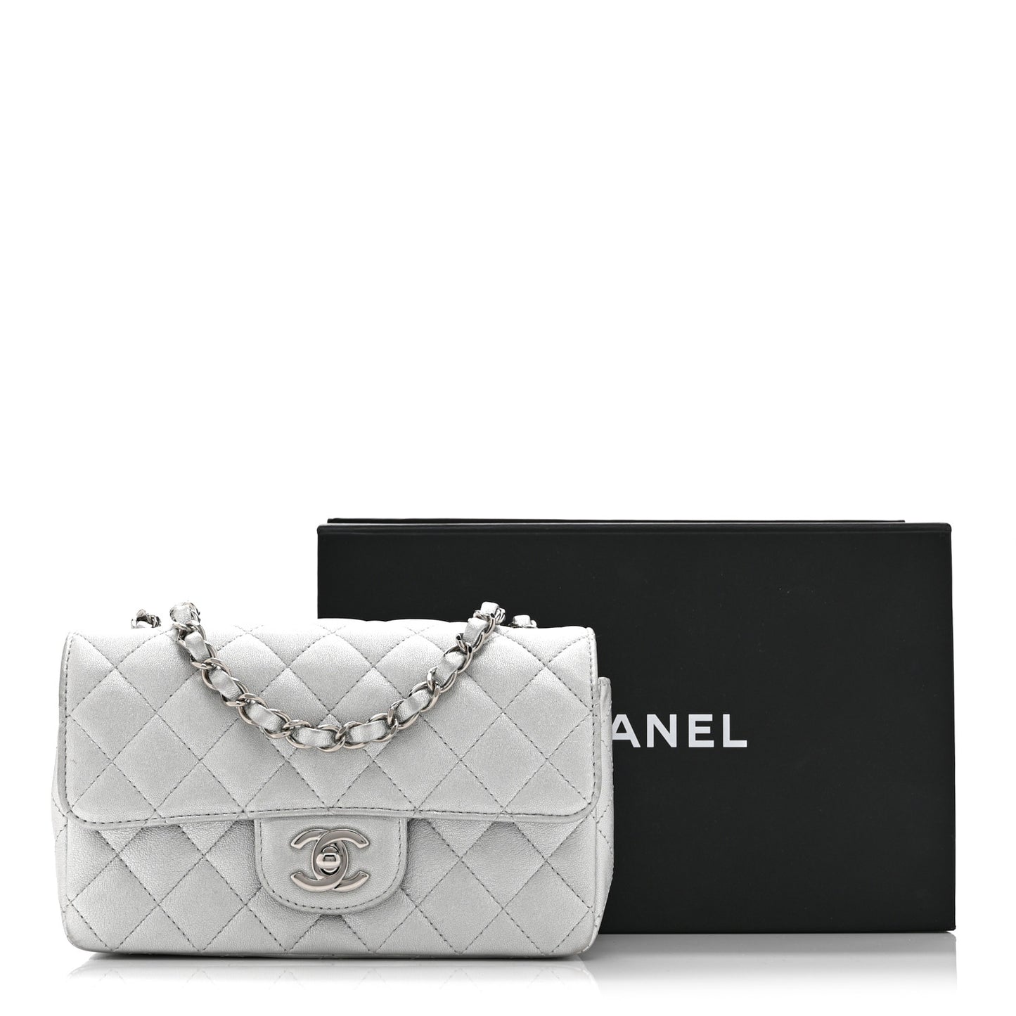 Metallic Lambskin Quilted Mini Rectangular Flap Silver