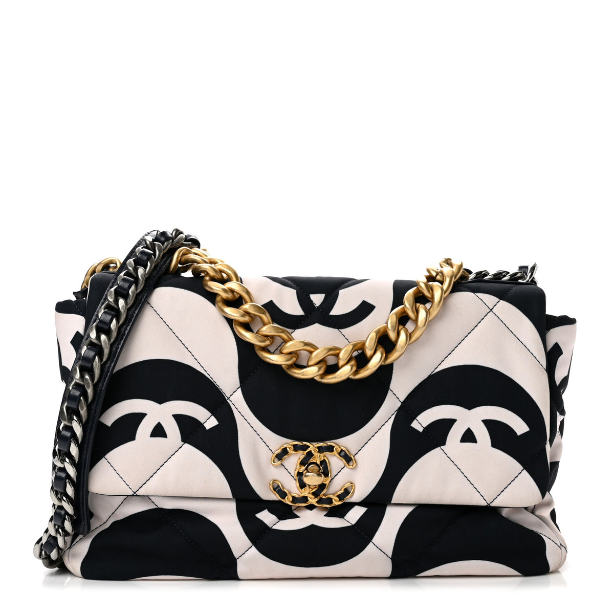 Fabric Printed Large Chanel 19 Flap Black Ecru