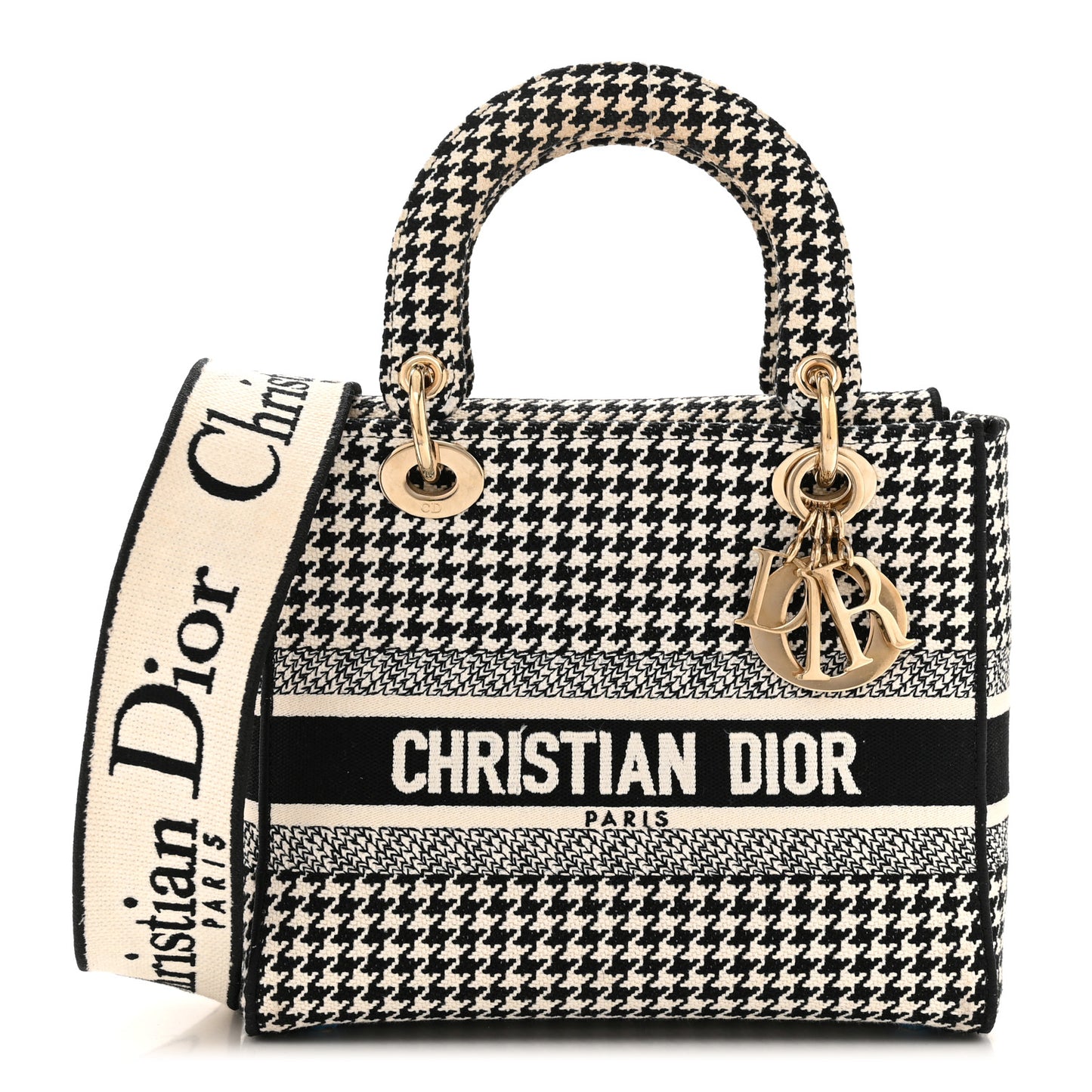 Canvas Houndstooth Embroidered Medium Lady D-Lite Black White