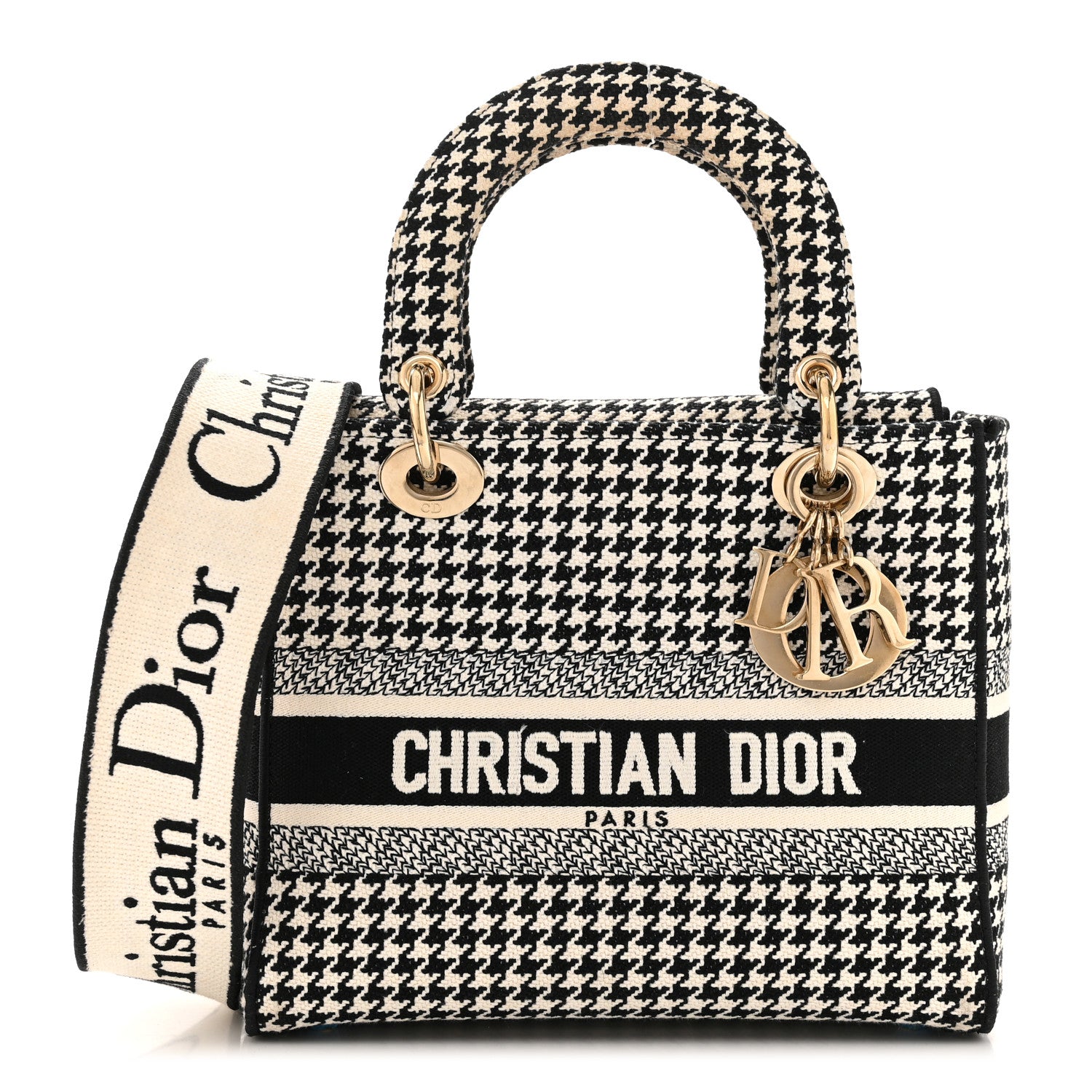 Christian Dior Canvas Houndstooth Embroidered Medium Lady D-Lite Black White 1 of 9