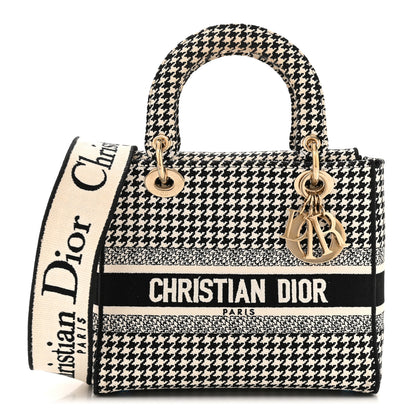 Christian Dior Canvas Houndstooth Embroidered Medium Lady D-Lite Black White 1 of 9