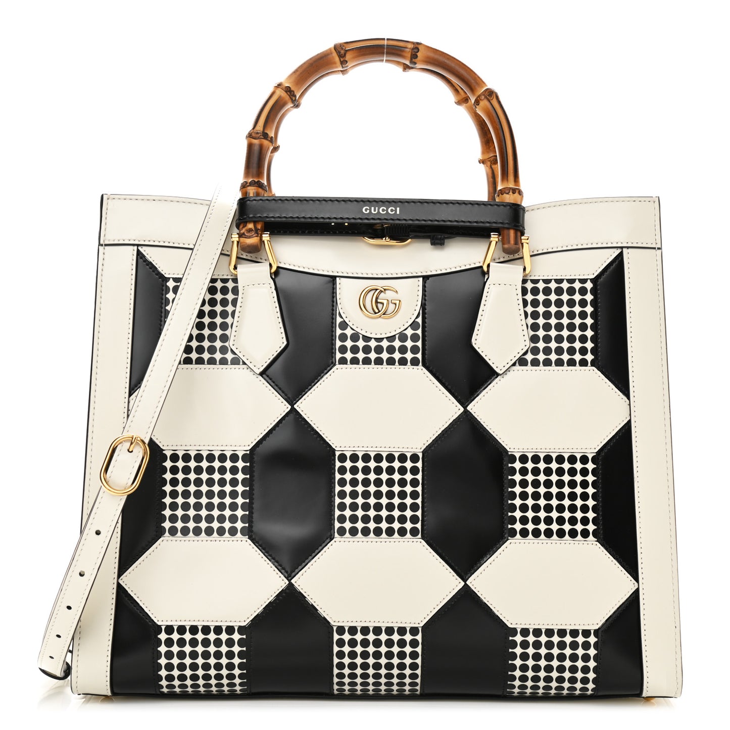 Calfskin Geometric Inlay Medium Diana Tote Bag White Black