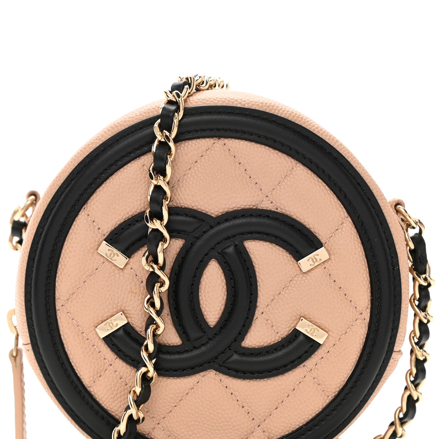 Caviar Quilted Round Filigree Crossbody Beige Black