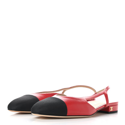 Chanel Lambskin Grosgrain Coco Cap Toe CC Slingback Flats 37 Red Black 3 of 8