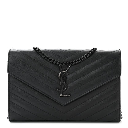 Saint Laurent Grain De Poudre Matelasse Chevron Monogram Monochrome Chain Wallet Black 1 of 12