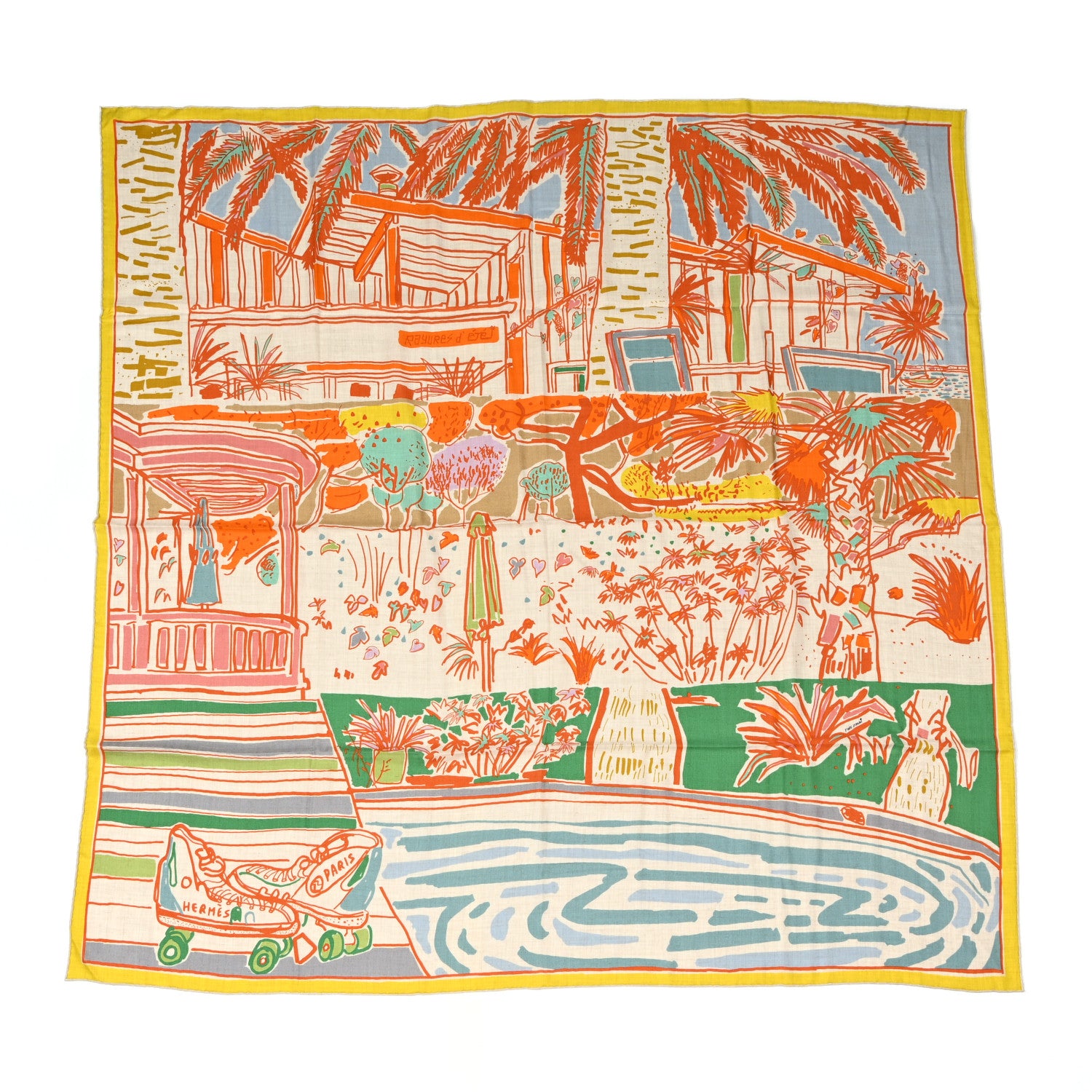 Hermes Cashmere Rayures D'ete Shawl 140 Natural Orange Vert 1 of 5