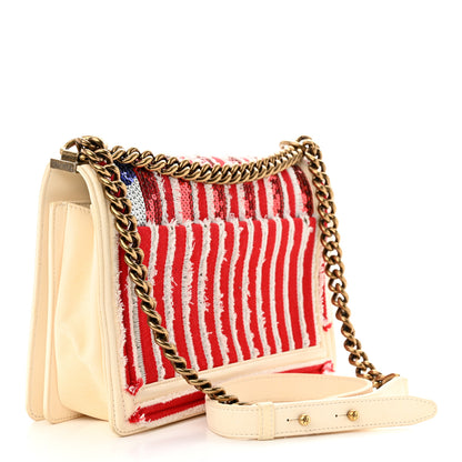 Chanel Sequin Canvas New Medium Cuba Boy Flap White Blue Red 3 of 10