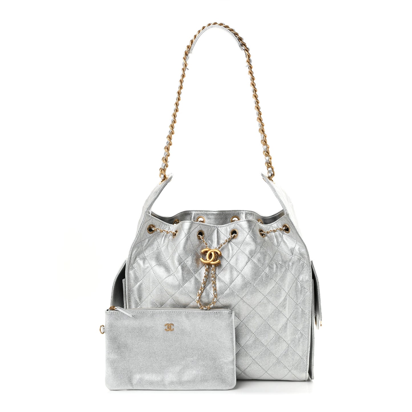 Metallic Caviar Quilted Medium Chanel 25 Handbag Silver