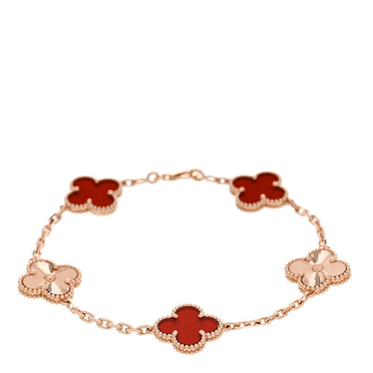 Van Cleef & Arpels 18K Rose Gold Carnelian 5 Motifs Guilloche Vintage Alhambra Bracelet 1 of 5