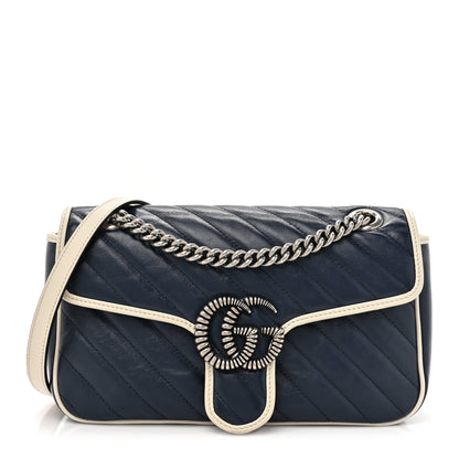 Gucci Vintage Effect Calfskin Matelasse Diagonal Small Torchon GG Marmont Shoulder Bag Blue Agata Mystic White 1 of 15
