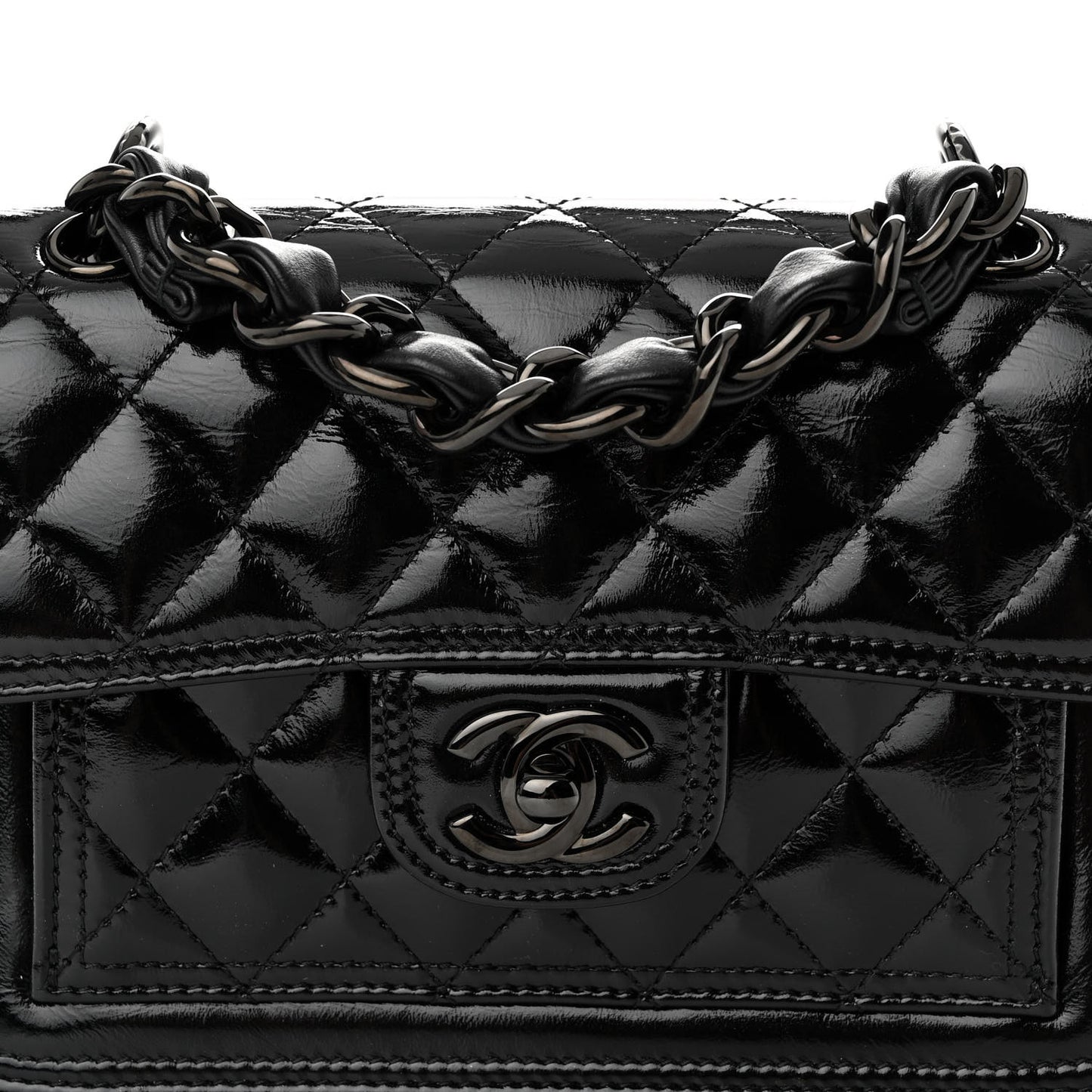 Shiny Crumpled Calfskin Quilted Double You Mini Flap So Black