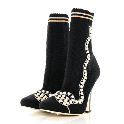 Fendi Stretch Fabric Pearl Embellished Openwork Rockoko 105mm Sock Boots 37.5 Black 3 of 8
