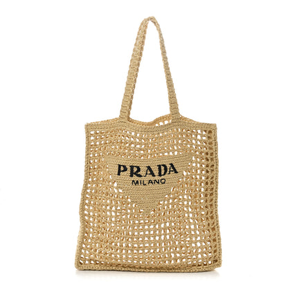 Prada Yarn Raffia Effect Crochet Logo Embroidered Tote Bag Naturale 1 of 9