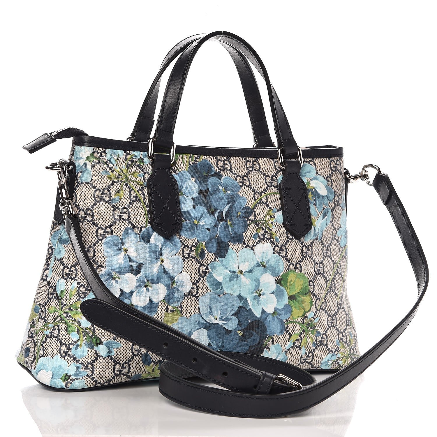 Gucci GG Supreme Monogram Blooms Small Zippered Tote Blue 4 of 11