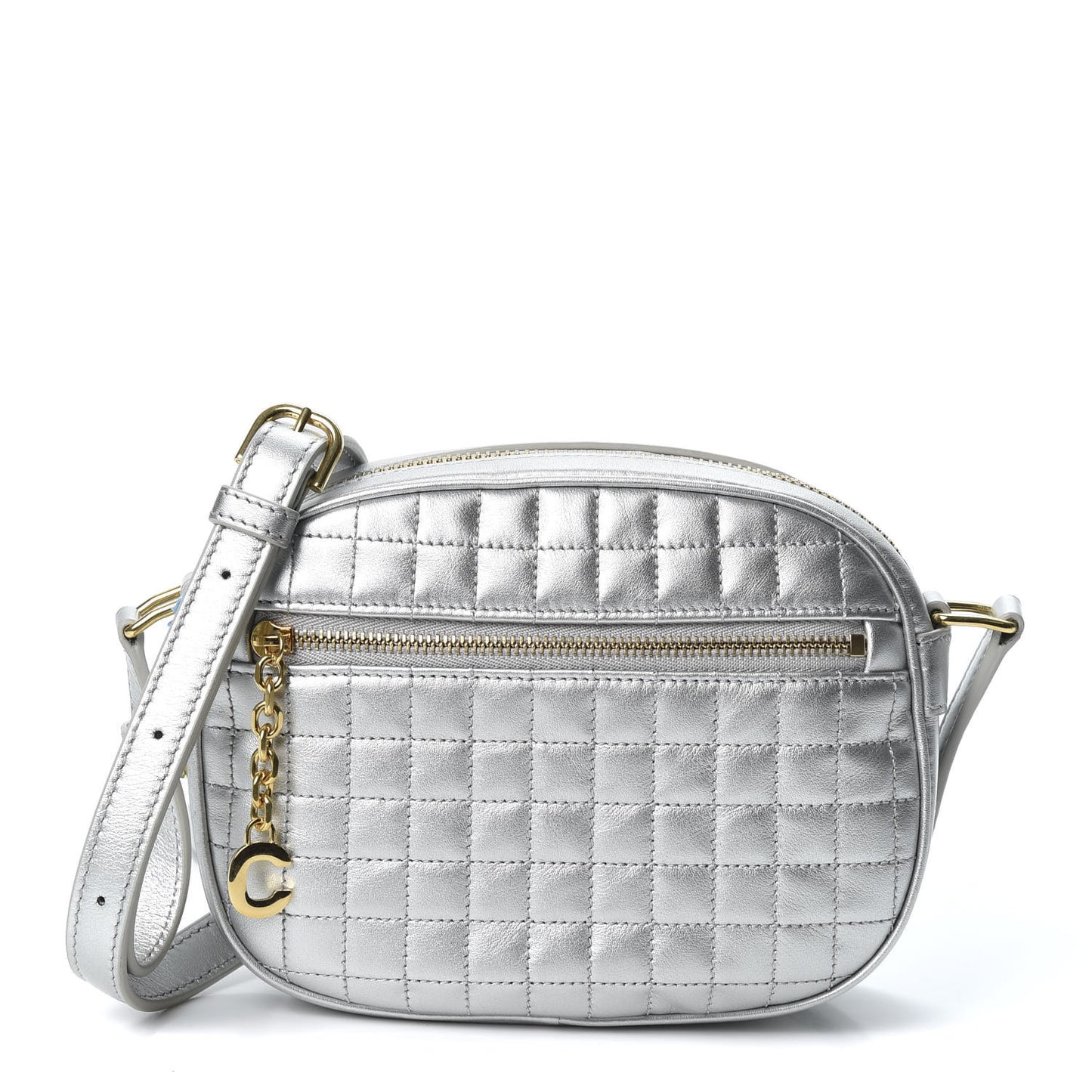 Laminated Calfskin Quilted Small C Charm Bag Silver