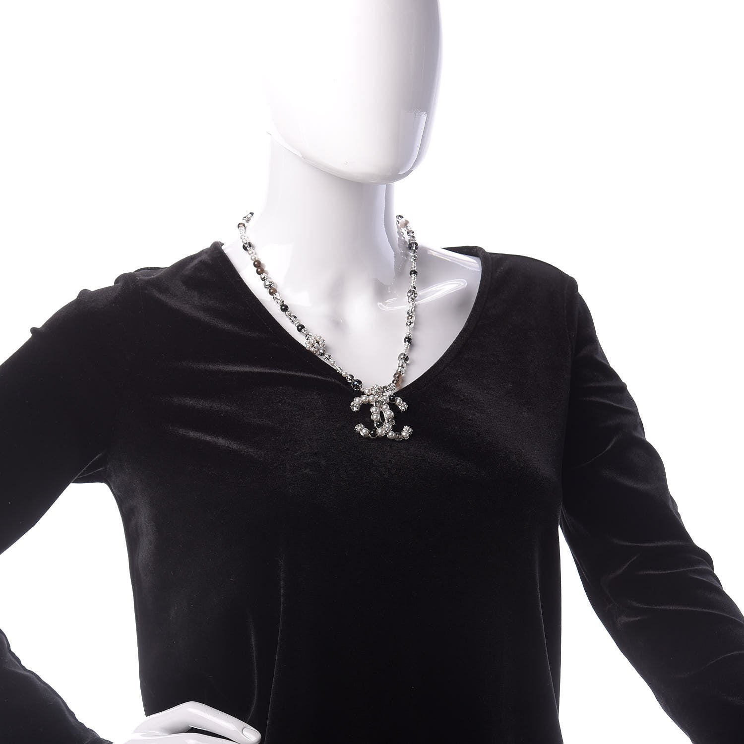 Chanel Pearl Crystal Bead CC Long Necklace Silver Black 6 of 6