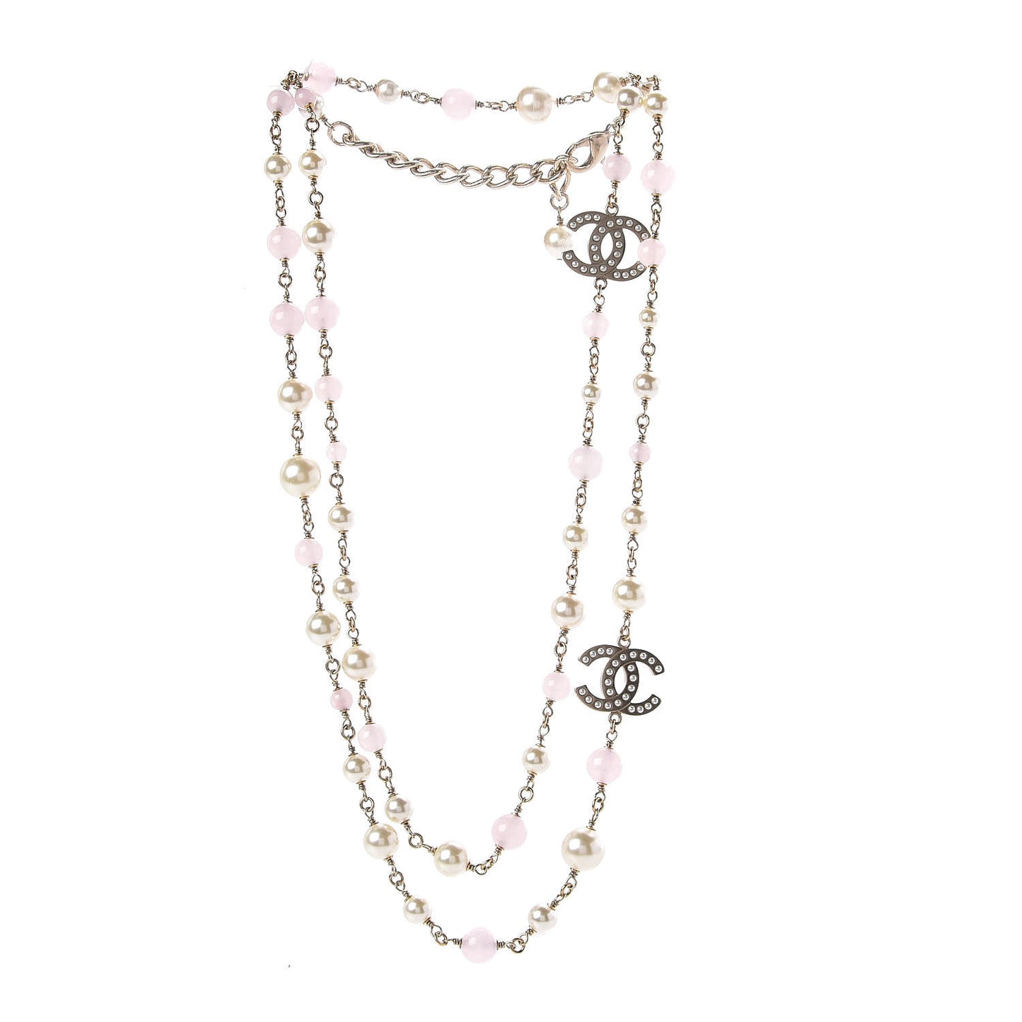 Pearl Beaded Enamel CC Long Necklace Gold Pink